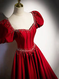 Elegant Burgundy Floor Length Prom Dress, A-Line Beading Puffy Short Sleeve Backless Evening Dress HZ1024