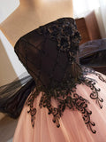 Black and Pink Tulle Lace Long Prom Dress, A-Line Strapless Evening Sweet 16 Dress HZ1024
