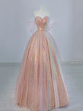 Pink Tulle and Sparkling Sequins Floor Length Prom Dress, Beautiful A-Line Evening Party Dress HZ1024