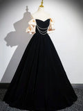 Black Velvet Floor Length Prom Dress, Off the Shoulder A-Line Evening Party Dress HZ1024