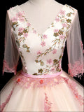 Champagne V-Neck Tulle Lace Long Prom Dress, A-Line Lovely Evening Party Dress HZ1024
