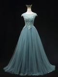 Blue Scoop Neckline Tulle Lace Long Prom Dress, Beautiful Lace Formal Evening Dress HZ1024