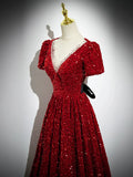 Burgundy V-Neck Sequins Long Prom Dress, A-Line Evening Party Dress with Bow HZ1024