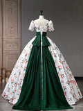 Beautiful Cherry Pattern Long Princess Prom Dress, White A-Line Short Sleeve Evening Party Dress HZ1024