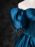 Blue Satin Off the Shoulder Floor Length Prom Dress, Blue A-Line Party Dress HZ1024