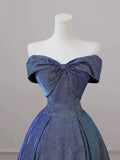 Shiny Off the Shoulder Floor Length Blue A-Line Prom Dress HZ1024