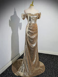 Gold Sequins Floor Length Prom Dress, Mermaid Off the Shoulder Evening Party Dress HZ1024