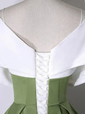 White+Green Satin Floor Length Prom Dress, V-Neck Off the Shoulder Evening Dress HZ1024