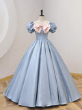 Blue Satin Floor Length Prom Dress with Bow, Blue A-Line Evening Formal Dress HZ1024