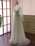 Light Green Tulle Long Sleeve Prom Dress, Green Gradient Floor Length Evening Dress HZ1024