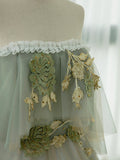 Green Tulle Lace Long Prom Dress, Green Off Shoulder Evening Party Dress HZ1024