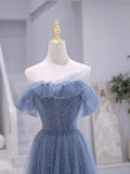 Blue Strapless Tulle Long Prom Dress, Blue A-Line Evening Dress HZ1024