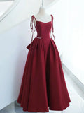 Burgundy Satin Long Prom Dress, A-Line Evening Dress with Bow HZ1024