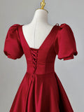 Burgundy V-Neck Satin Long Prom Dress, Burgundy Formal Evening Dress HZ1024