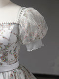 Gray Tulle Sequins Long Prom Dress, A-Line Short Sleeve Evening Dress HZ1024