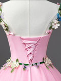 Pink Tulle Flower Long Prom Dresses, Lovely Spaghetti Formal Dresses Sweet 16 Dresses HZ1024
