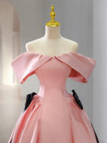 Pink Satin Floor Length Prom Dress, Off Shoulder Party Dress HZ1024
