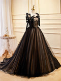 Black Tulle Lace Long Prom Dress, Black Evening Party Dress HZ1024