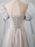 Cute Tulle Beaded Long Prom Dress, A-Line Short Sleeve Evening Dress HZ1024