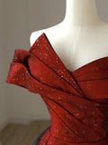 Burgundy Satin Long V-Neck Prom Dress, Off the Shoulder Party Dress HZ1024