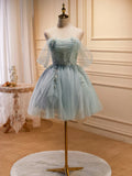 Green Tulle Beaded Short Prom Dress, Cute Off Shoulder Homecoming Dress HZ1024