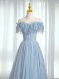 Blue Sweetheart Beaded Off the Shoulder Prom Dress, A-Line Blue Evening Dress HZ1024