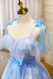 Blue Lace Knee Length Prom Dress, Lovely A-Line Homecoming Dress HZ1024
