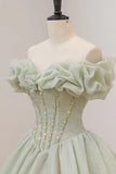 Green Ball Gown, A-Line Off the Shoulder Evening Gown with Beaded HZ1024