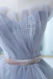 Blue Tulle Lace Long Prom Dress, A-Line Strapless Evening Gown HZ1024