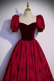 Burgundy Velvet Long A-Line Prom Dress, Short Sleeve Evening Dress HZ1024