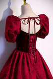 Burgundy Velvet Long A-Line Prom Dress, Short Sleeve Evening Dress HZ1024