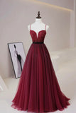 Burgundy Tulle Beaded Long Prom Dress, A-Line Spaghetti Strap Evening Dress HZ1024