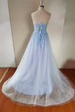 Blue Strapless Lace Long A-Line Prom Dress, Blue Evening Party Dress HZ1024