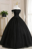 Black Tulle Lace Off the Shoulder Prom Dress, Black A-Line Evening Dress HZ1024