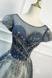 Blue Scoop Neckline Tulle Long Prom Dress, A-Line Evening Dress HZ1024