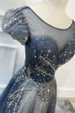 Blue Scoop Neckline Tulle Long Prom Dress, A-Line Evening Dress HZ1024