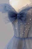A-Line Off Shoulder Layers Tulle Long Evening Dress, Blue Formal Dress HZ1024