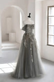 Gray Tulle Lace Long Prom Dress, A-Line Off the Shoulder Evening Dress HZ1024