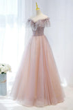 Pink Tulle Beaded Long Formal Dress, Pink V-Neck Prom Dress HZ1024