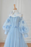 Blue Tulle Long Sleeve Prom Dresses, Cute A-Line Evening Dresses with Applique HZ1024