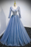 Previous Next Blue V-Neck Tulle Beading Long Prom Dresses, Long Sleeve Evening Dresses HZ1024
