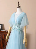 Blue V-Neck Lace Long Prom Dresses, A-Line Evening Dresses HZ1024