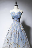Blue Strapless Ombre Tulle Long Prom Dresses, A-Line Evening Dresses HZ1024