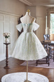 Green Tulle Knee Length A-Line Party Dress, Lovely Off the Shoulder Evening Dress HZ1024