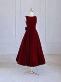 Burgundy Tea Length Velvet Prom Dress with Bowknot, Burgundy Evening Party Dress HZ1024