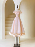 Pink Tulle Beaded Tea Length Prom Dress, Pink A-Line Off Shoulder Party Dress HZ1024