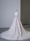 Champagne Tulle Lace Long Prom Dress, Elegant Strapless A-Line Formal Evening Dress HZ1024