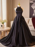 Black Halter Satin A-line Simple Style Prom Dress, Black Satin Party Dress HZ1024