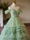 Green Sweetheart Tulle Off Shoulder Layers Long Formal Dress, Green Sweet 16 Dress HZ1024