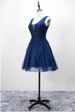 Vintage Navy Blue Lace Appliques Design A-line Tulle Short Lace-up Homecoming Dress HZ1024